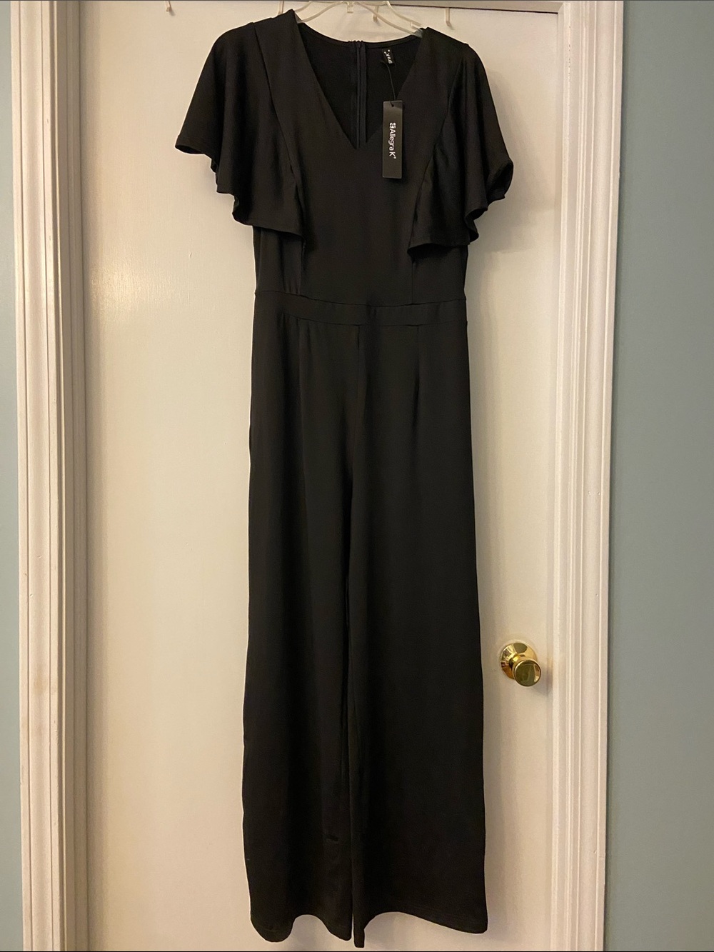 Allegra K Black V-Neck Flutter-Sleeve Wide-Leg Jumpsuit